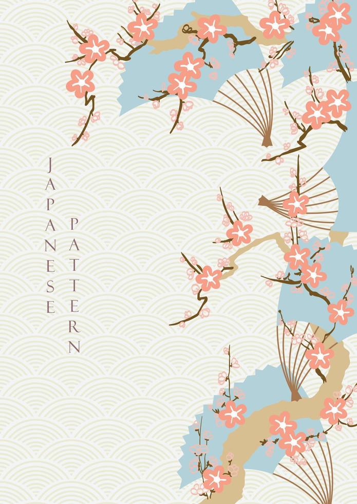 Japans achtergrond met kers bloesem bloem vector. Golf patroon met bloemen en fans decoratie in wijnoogst stijl. vector
