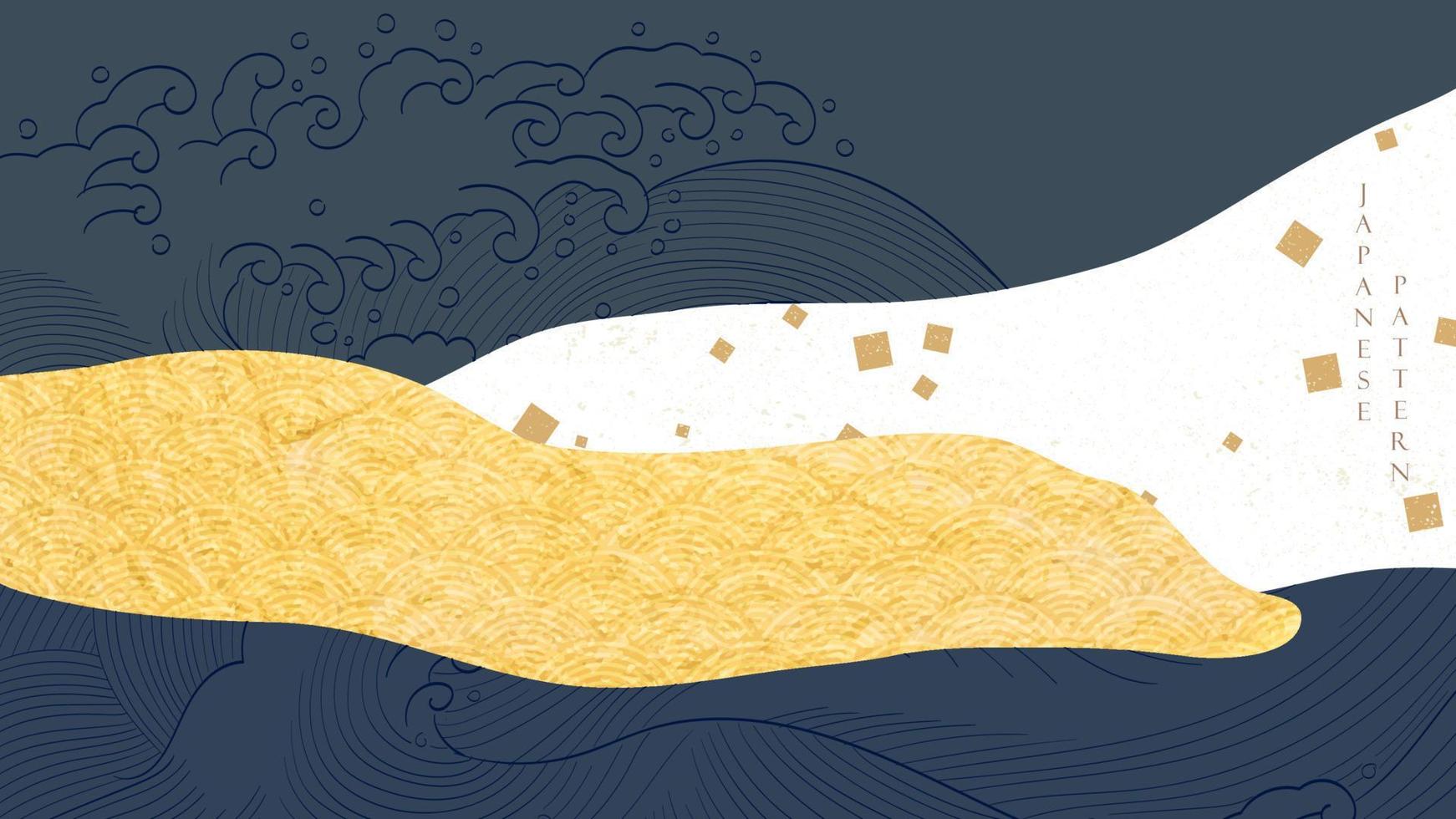 Japans achtergrond met goud structuur vector. abstract landschap kunst banier met hand- getrokken Golf patroon in wijnoogst stijl. vector