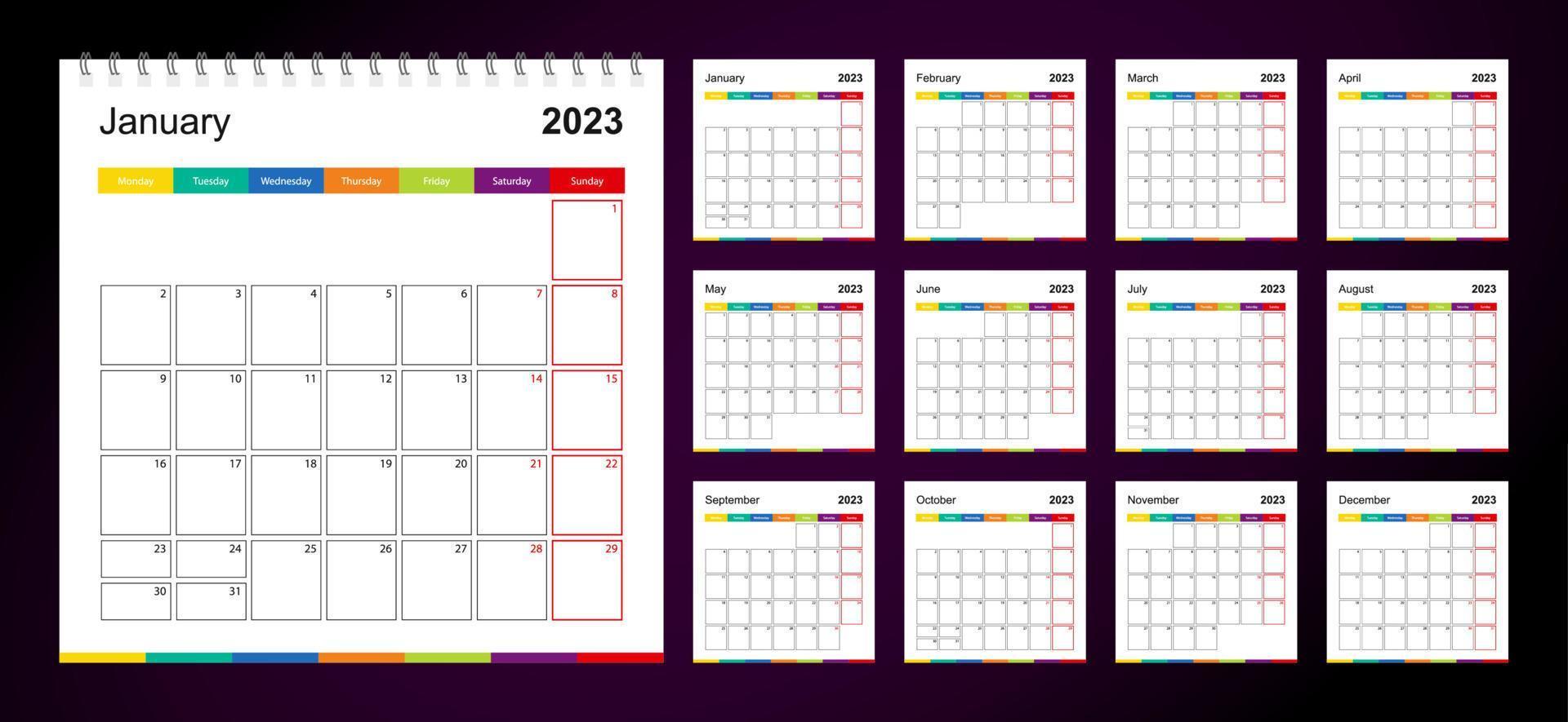 kleurrijk muur kalender voor 2023 Aan donker achtergrond, week begint Aan maandag. vector