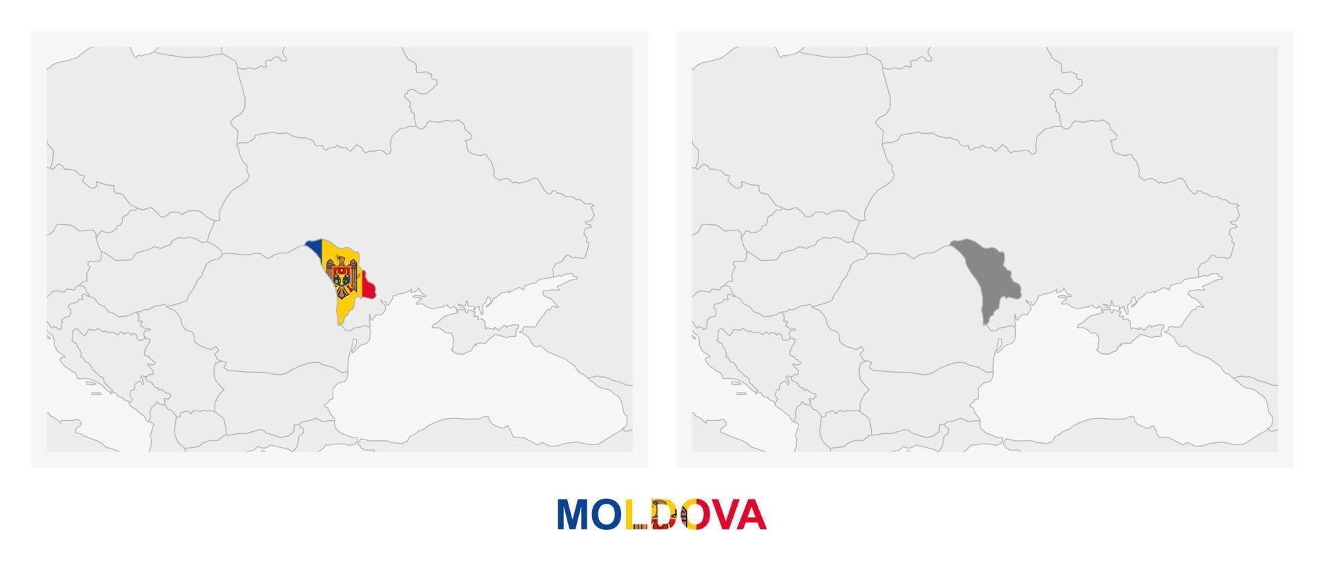 twee versies van de kaart van Moldavië, met de vlag van Moldavië en gemarkeerd in donker grijs. vector