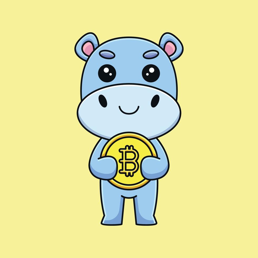 schattig nijlpaard Holding bitcoin tekenfilm mascotte tekening kunst hand- getrokken schets concept vector kawaii icoon illustratie