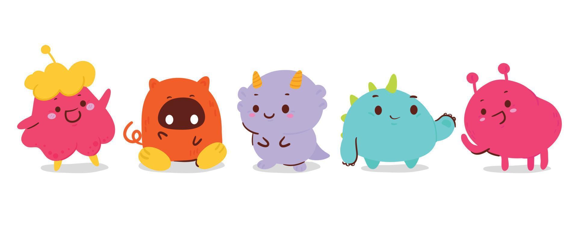 schattig en kawaii monster kinderen icoon set. verzameling van schattig tekenfilm monsters in verschillend blij karakters. grappig duivel, buitenaards wezen, demon en schepsel vlak vector ontwerp voor grappig, opleiding, presentatie.