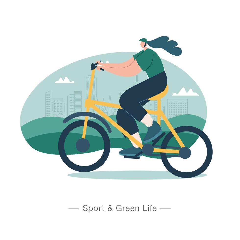 vrouw rijden Aan fiets met eco groen stad achtergrond. sport en groen leven concept. vector