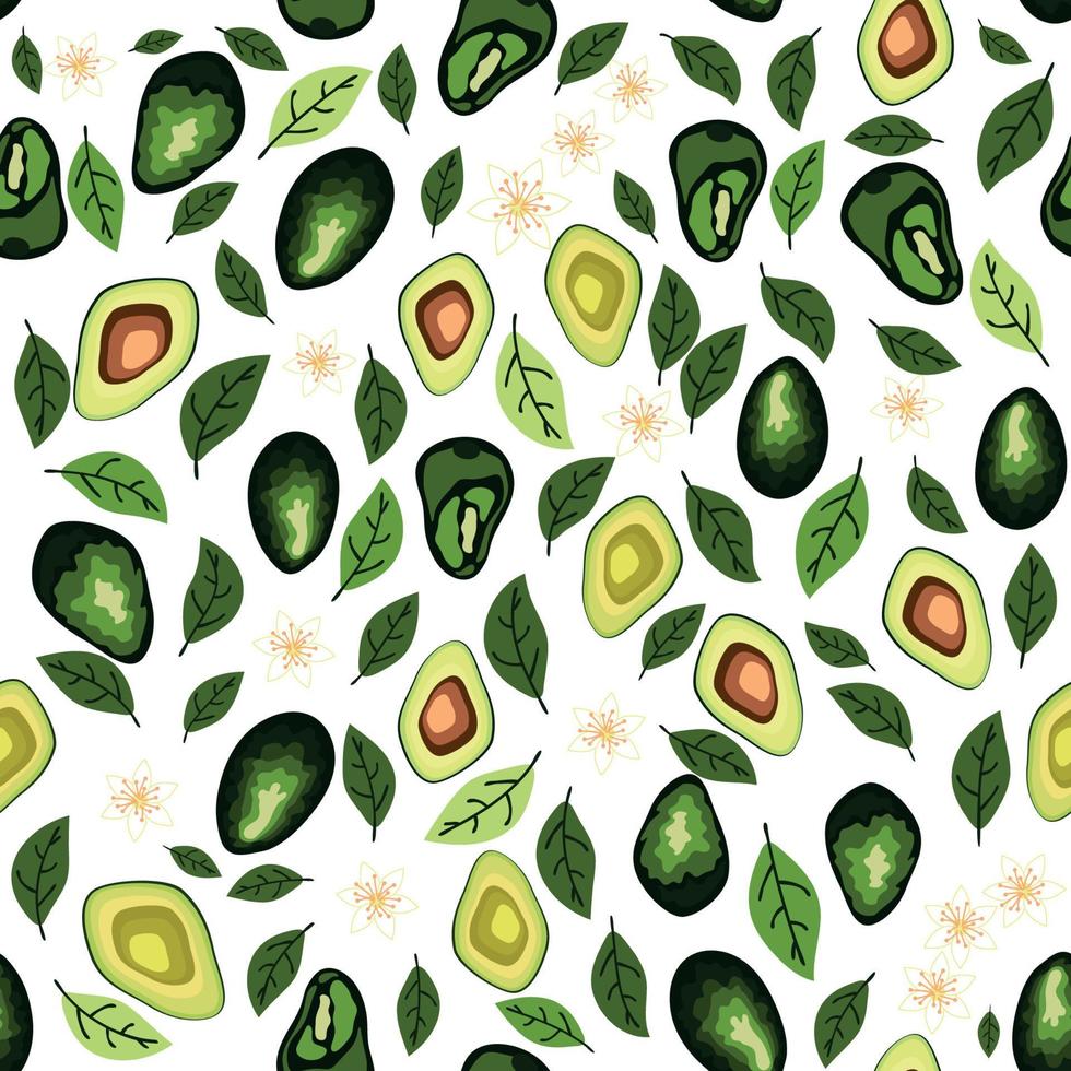 avocado naadloos patroon. geheel en gesneden avocado met bladeren en bloemen. vector