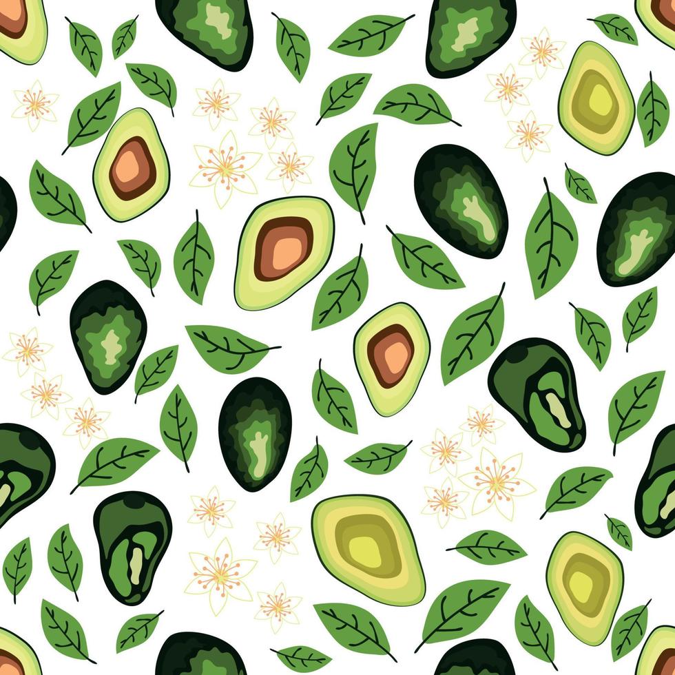 avocado naadloos patroon. geheel en gesneden avocado met bladeren en bloemen. vector