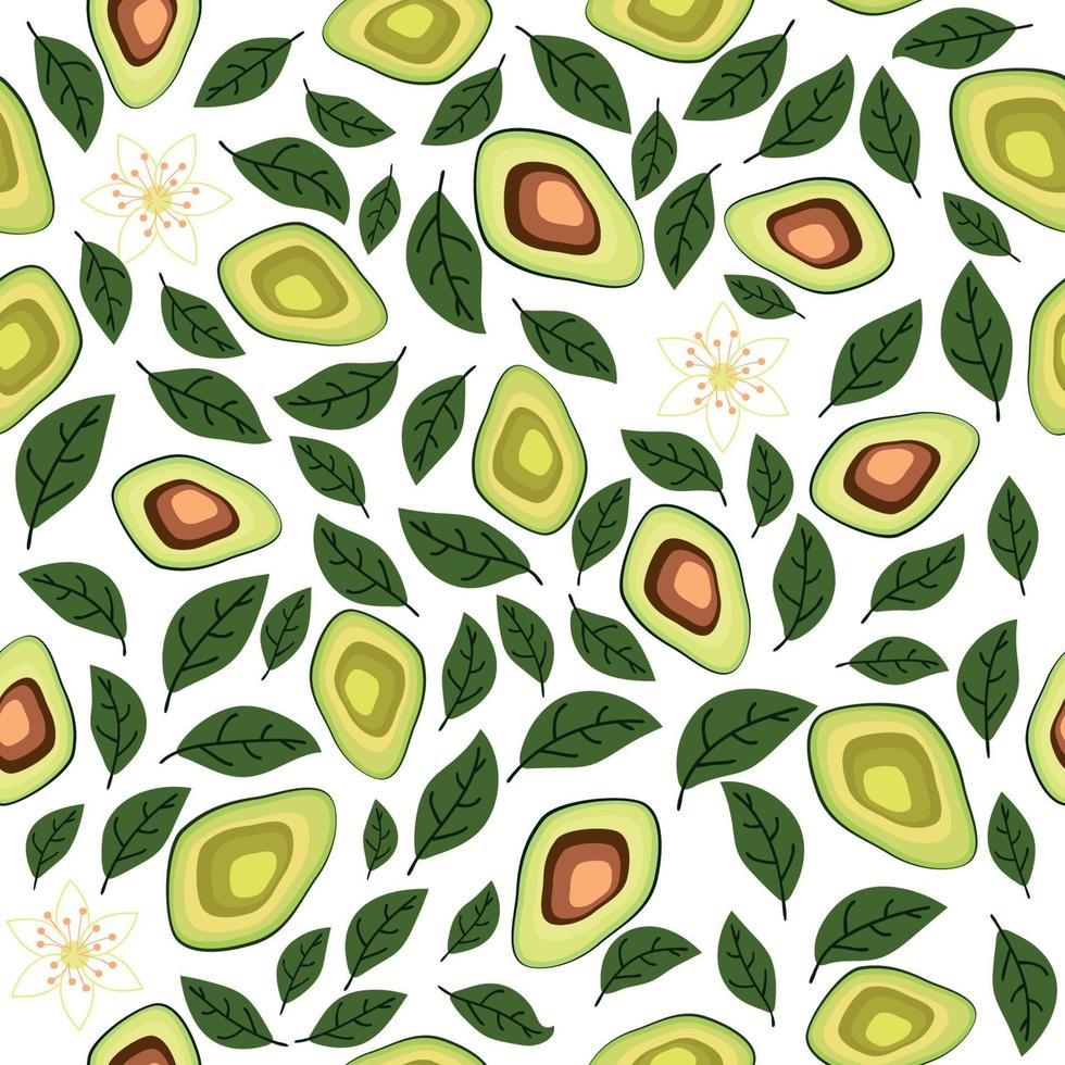 avocado naadloos patroon. geheel en gesneden avocado met bladeren en bloemen. vector