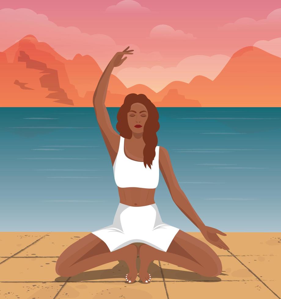 digitaal illustratie van een yogi meisje aan het doen yoga Aan vakantie Aan de eiland gedurende zonsondergang vector