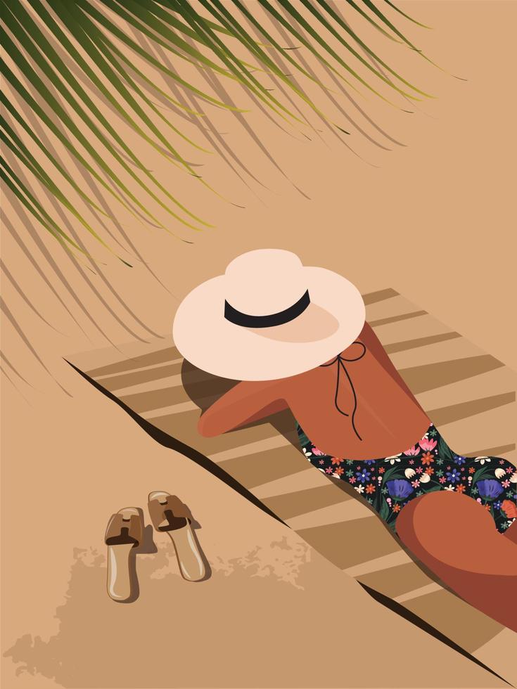 digitaal illustratie van een meisje in een modieus zwempak zonnen Aan de strand in zomer Aan vakantie vector