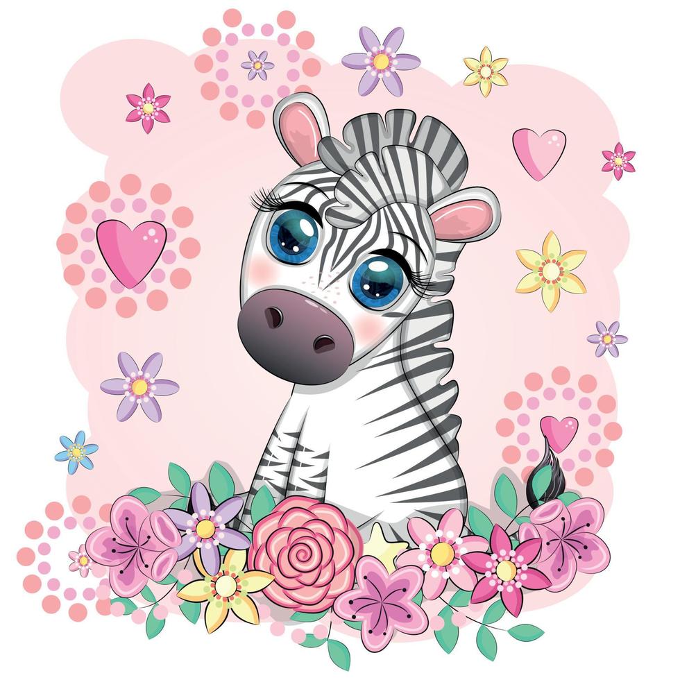 schattig tekenfilm zebra zit in bloemen. kinderachtig gestreept karakter, Afrikaanse dieren vector