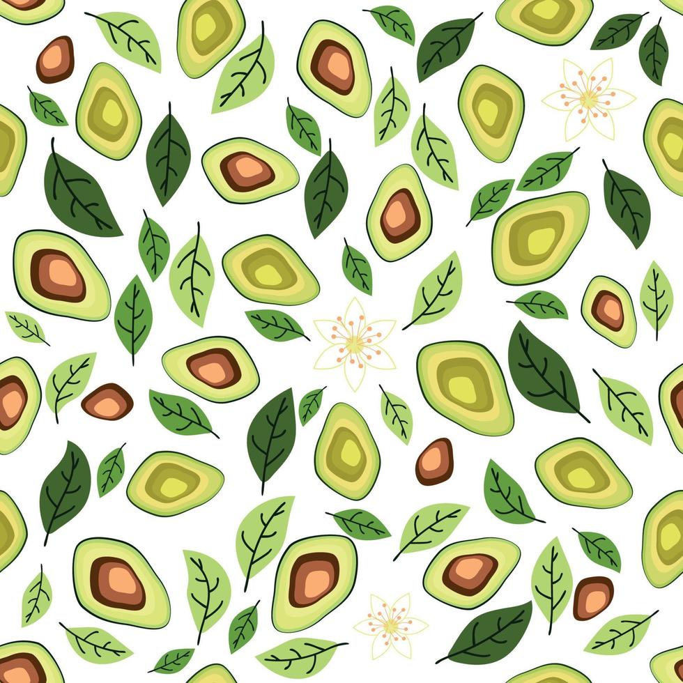 avocado naadloos patroon. geheel en gesneden avocado met bladeren en bloemen. vector