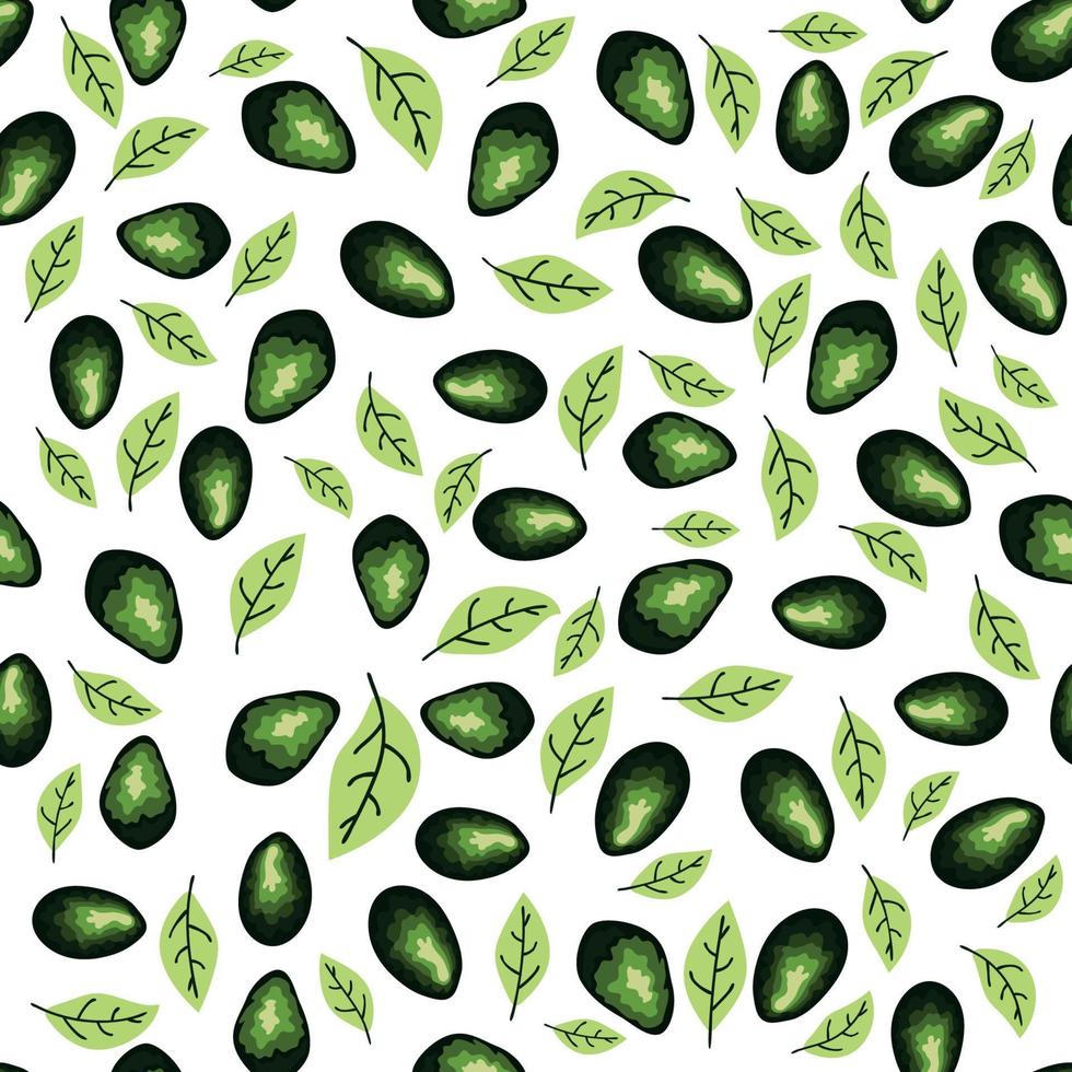 avocado naadloos patroon. geheel en gesneden avocado met bladeren en bloemen. vector