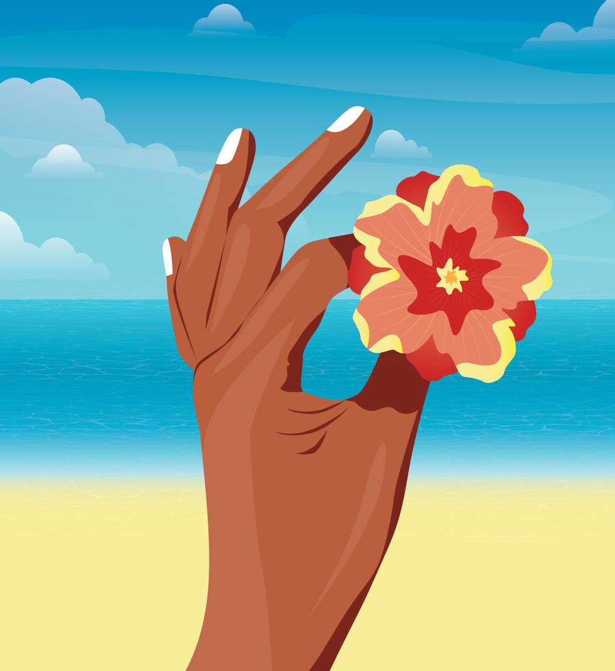 digitaal illustratie van een gebruind penseel hand- Holding een bloem knop tegen de backdrop van een levendig zee of oceaan landschap vector
