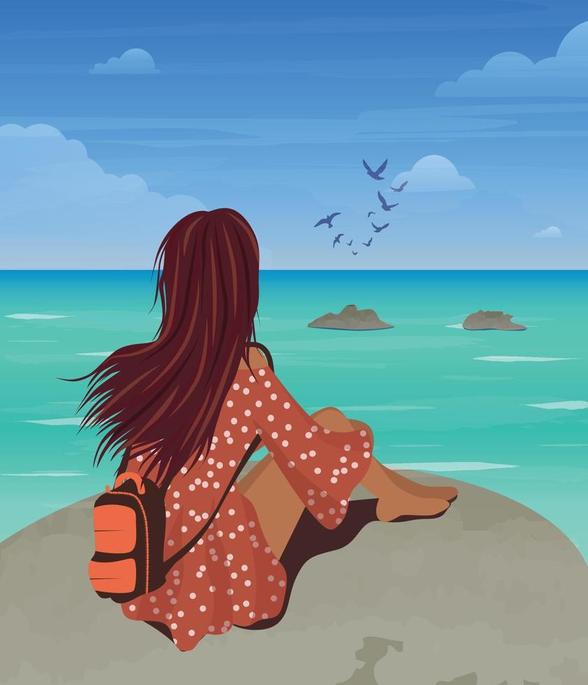 digitaal illustratie van een mooi meisje in een zomer jurk looks Bij de oceaan vogelstand en blauw lucht zittend hoog Aan de berg reist Aan vakantie met een rugzak Aan haar schouders vector