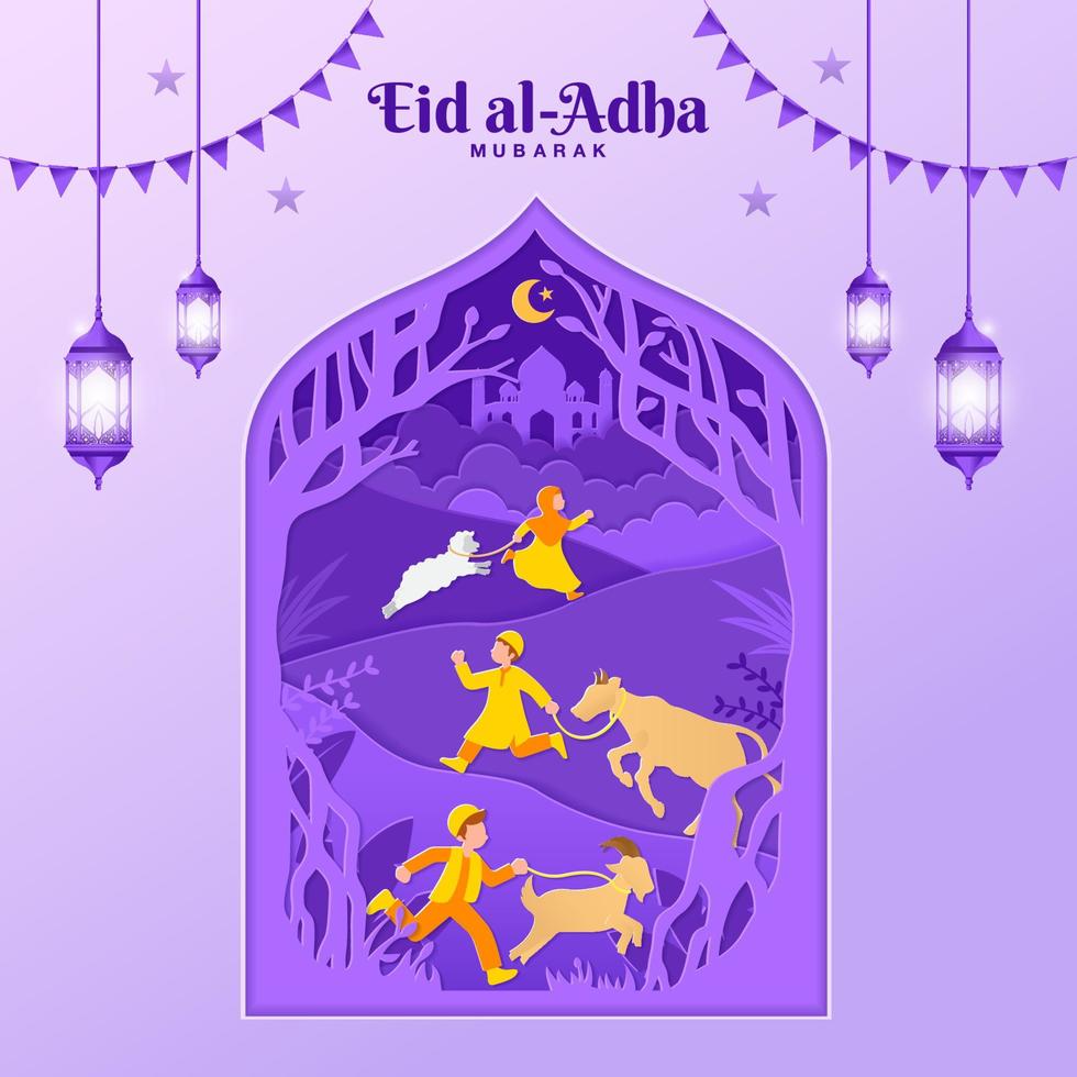 eid al-adha groet kaart concept illustratie in papier besnoeiing stijl vector