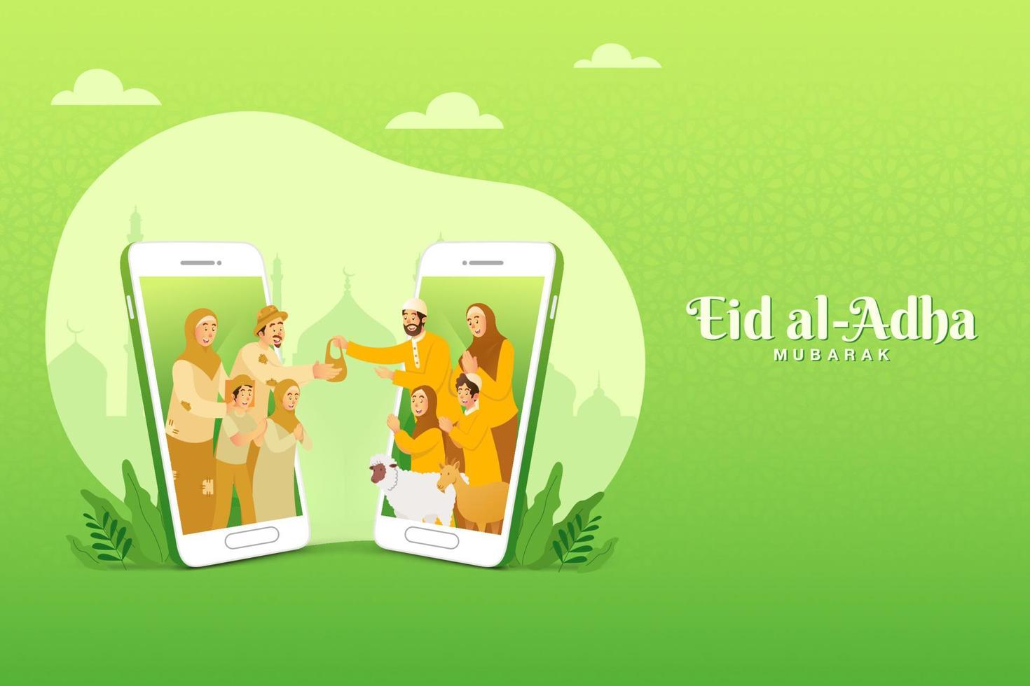 eid al adha groet kaart. moslim familie sharing de vlees van offer dier voor arm mensen door smartphone scherm concept vector