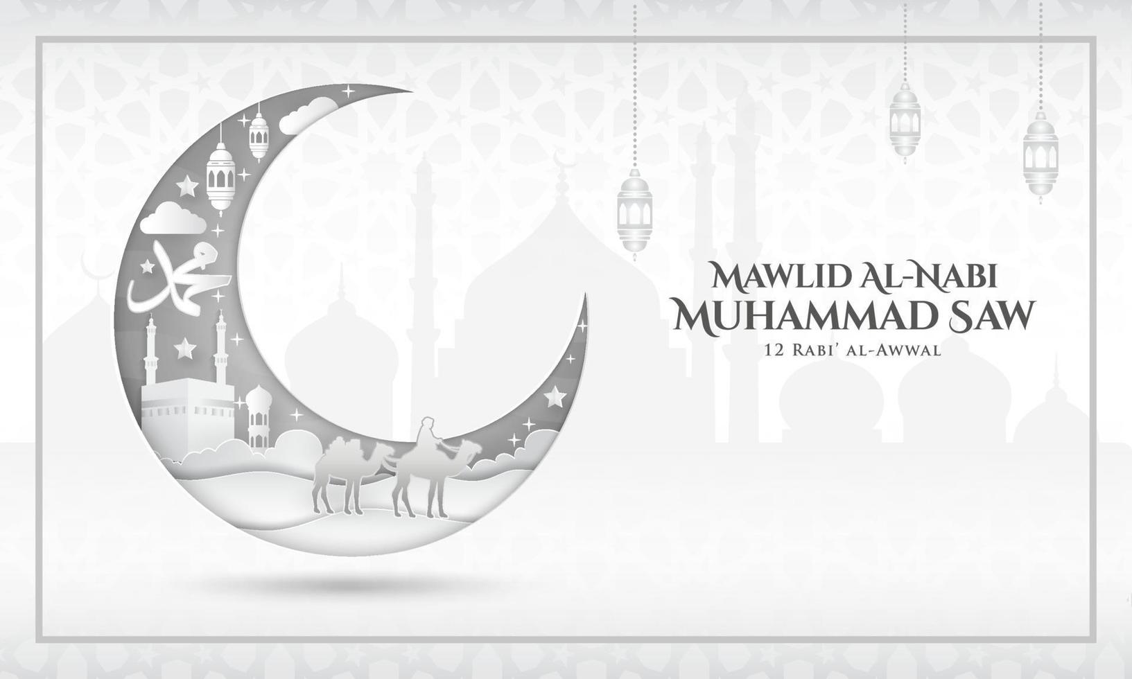 mawlid al-nabi Mohammed. vertaling, profeet Muhammad's verjaardag. geschikt voor groet kaart, folder, poster en banier vector