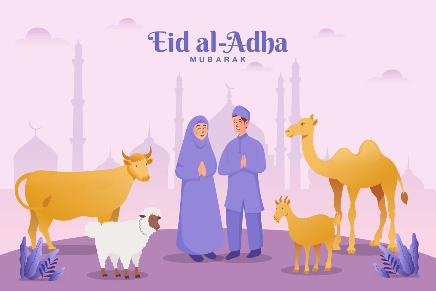 eid al adha groet kaart. paar met offer dier vieren eid al adha met moskee net zo achtergrond vector