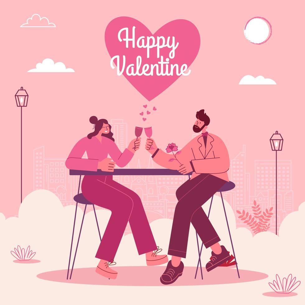 Valentijnsdag dag groet kaart. jong liefhebbend paar hebben romantisch datum avondeten in buitenshuis vector
