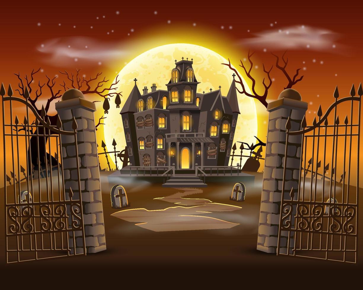 gelukkig halloween achtergrond met eng pompoen Aan begraafplaats met achtervolgd huis, en vol maan vector