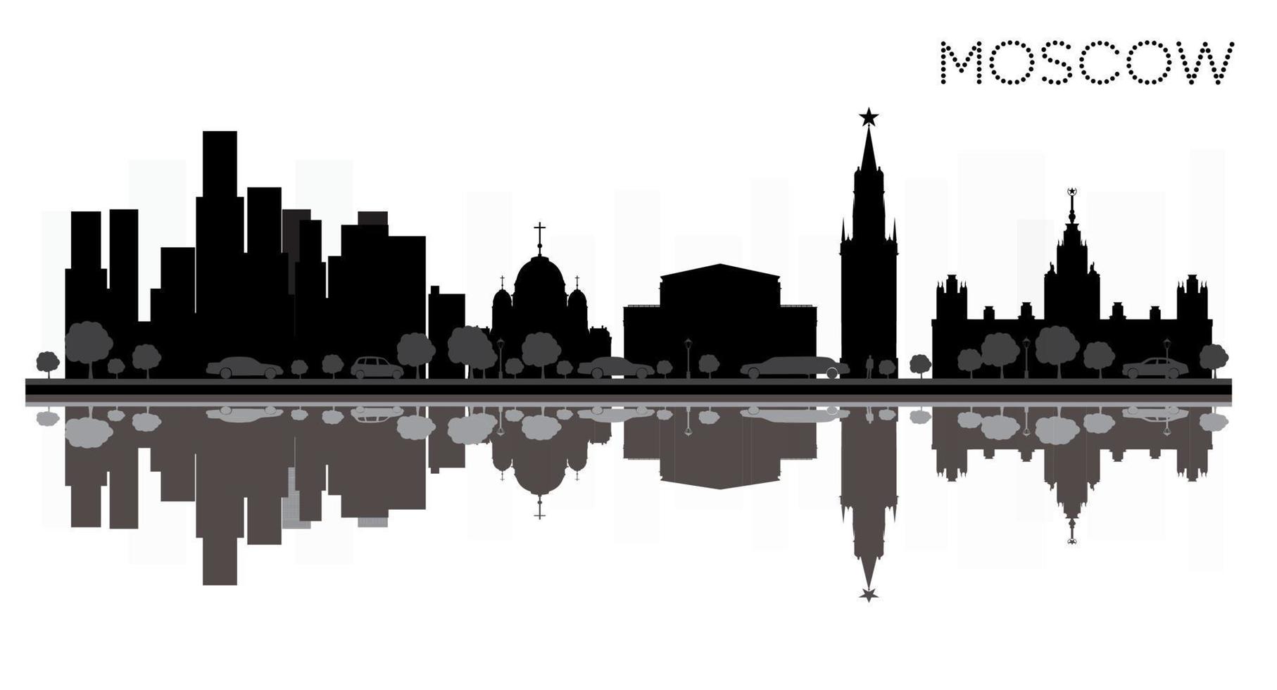 Moskou stad horizon zwart en wit silhouet met reflecties. vector