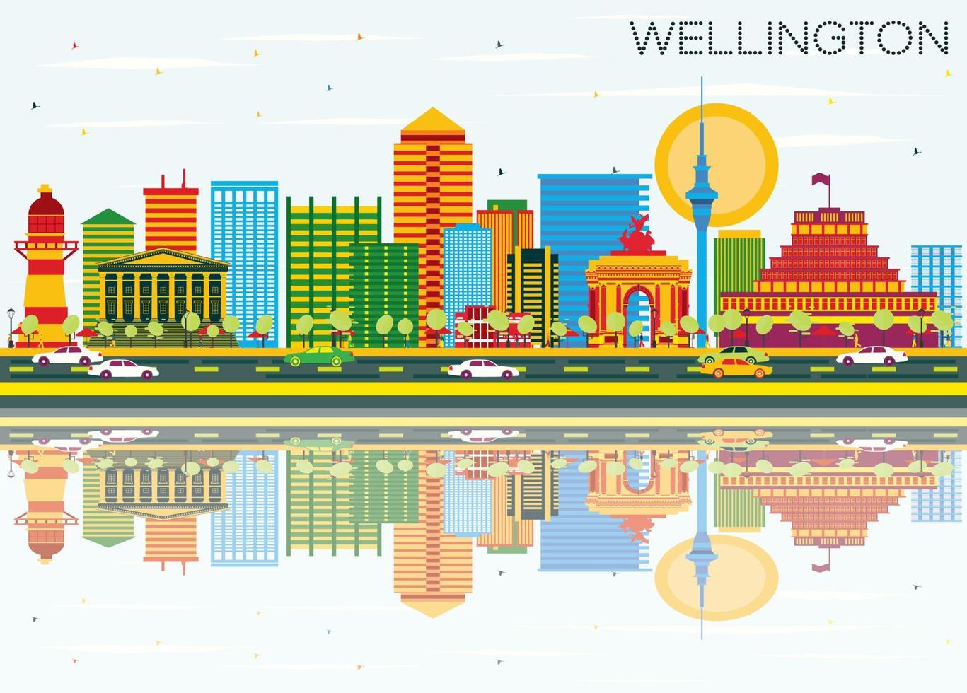 Wellington horizon met kleur gebouwen, blauw lucht en reflecties. vector
