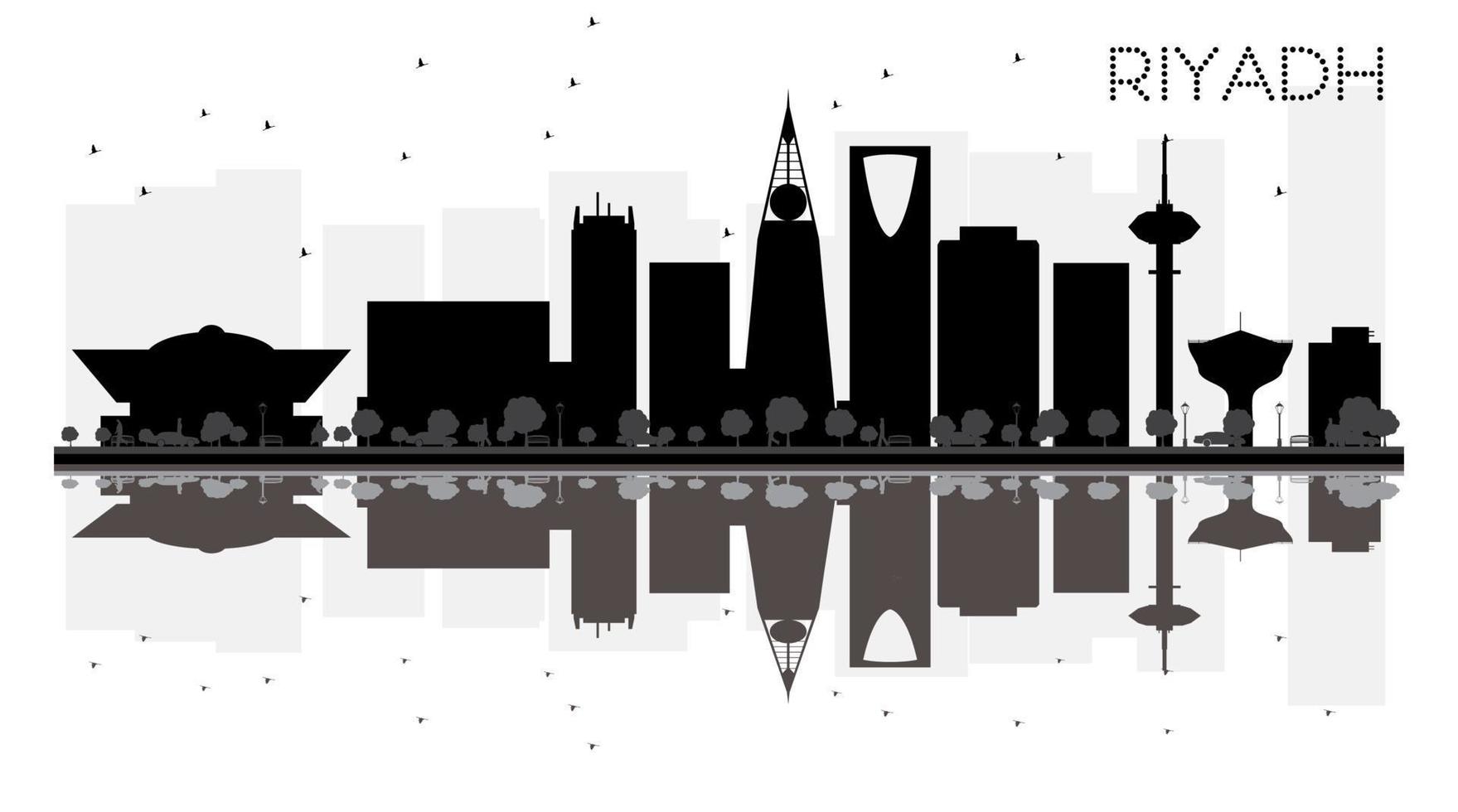 Riyadh stad horizon zwart en wit silhouet met reflecties. vector