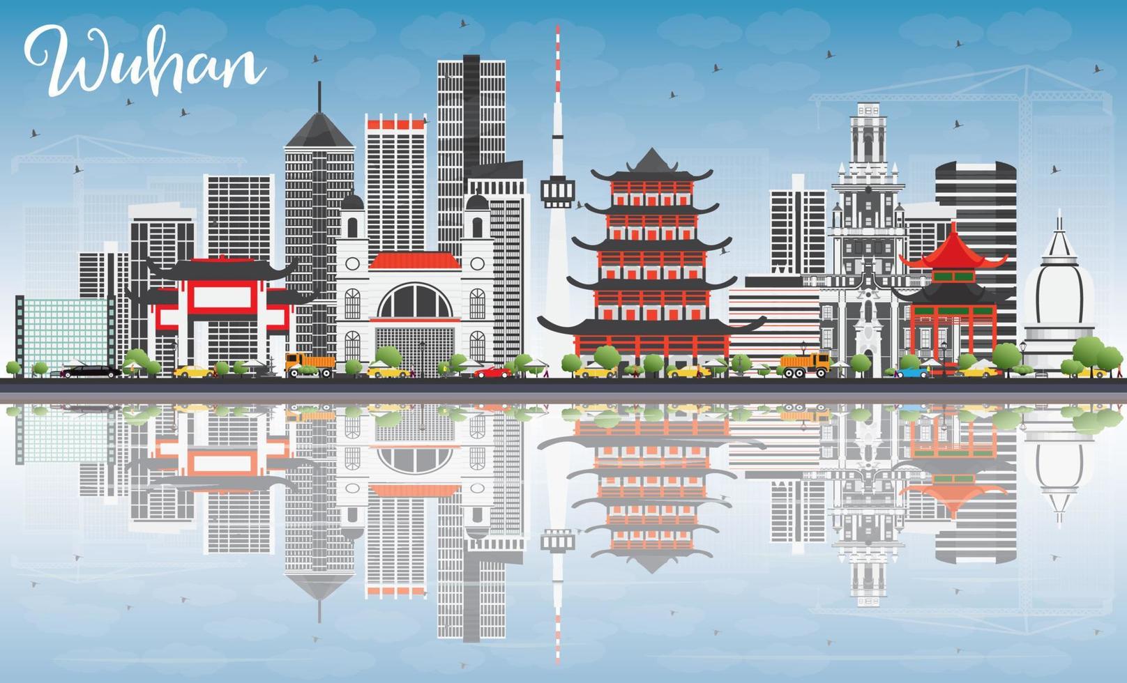 wuhan horizon met grijs gebouwen, blauw lucht en reflecties. vector