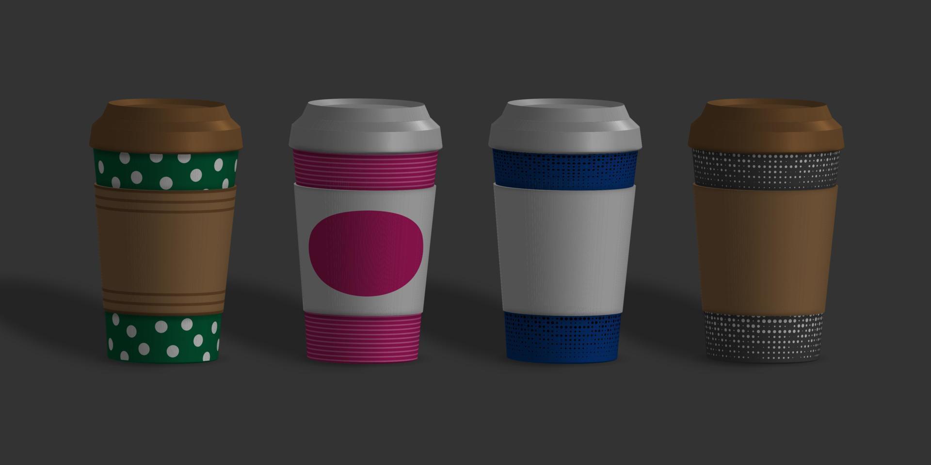 Gesloten papier kop set. verzameling van cups met divers patronen en dekt. voorkant visie mockup ontwerp sjabloon. 3d vector realistisch illustratie