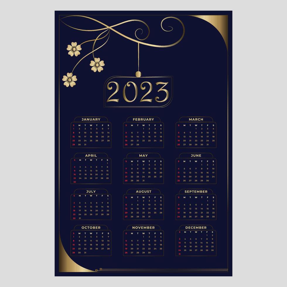 luxe 2023 kalender ontwerp sjabloon met blauw en gouden kleur vector
