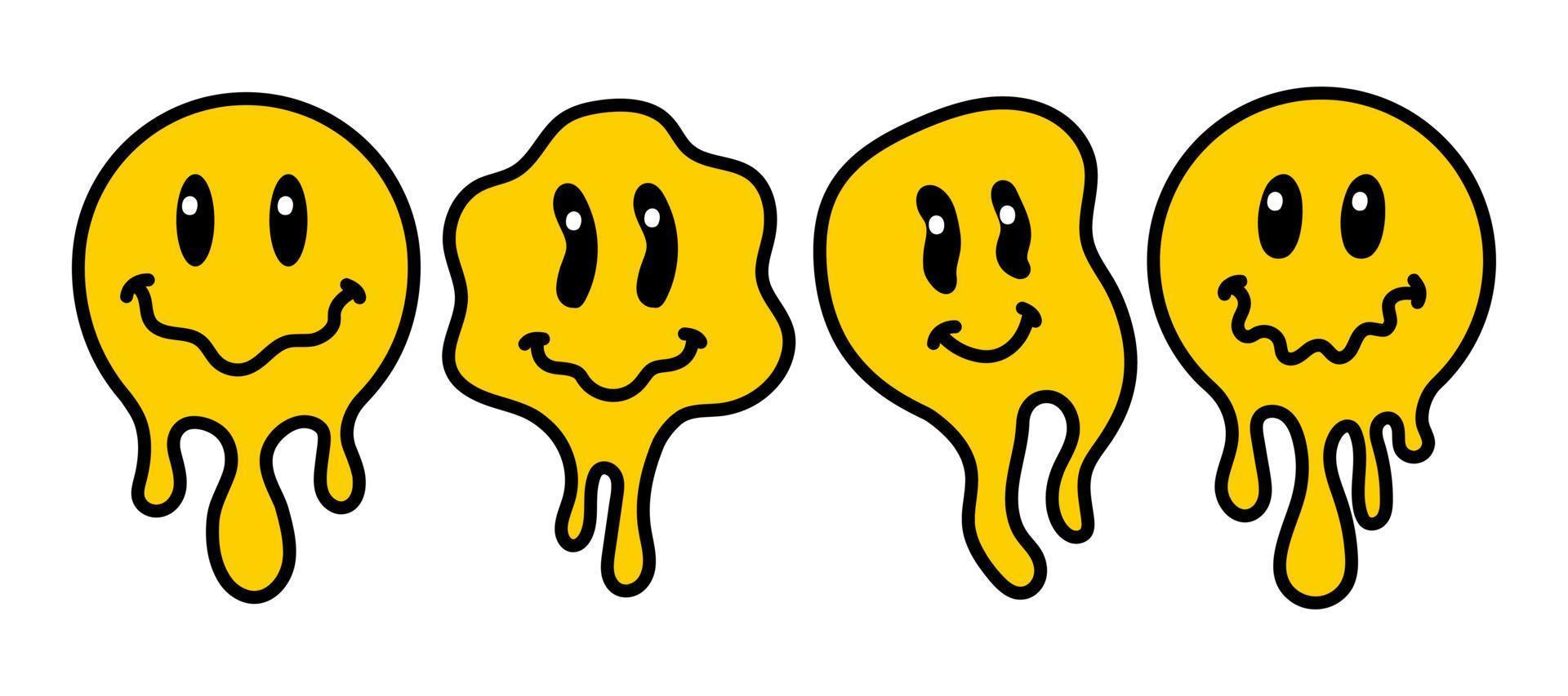 smelten glimlach reeks wijnoogst illustratie. retro psychedelisch smelten emoji gezicht. druipend glimlach afdrukken verzameling. vector groovy positief