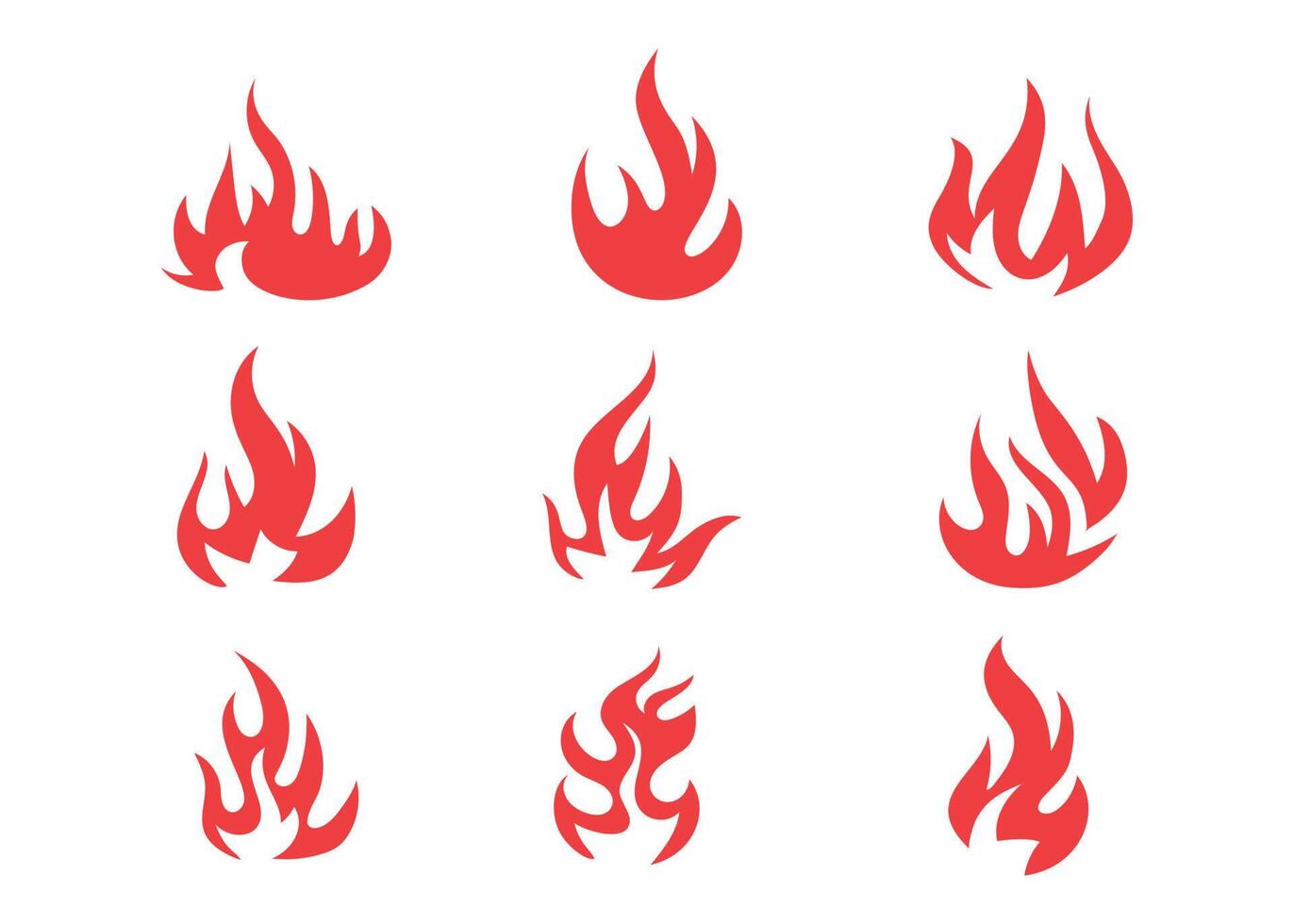 reeks rood brand vlam. verzameling van heet vlammend element. gemakkelijk concept van energie en stroom. geïsoleerd vector illustratie in vlak stijl