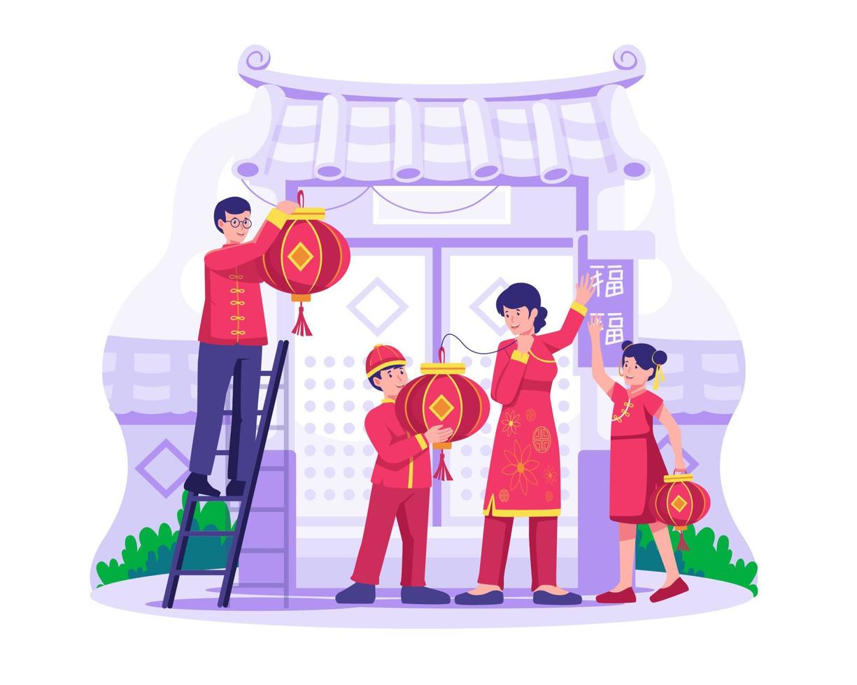 de Aziatisch familie bereidt zich voor voor de Chinese maan- nieuw jaar en siert samen de tempel met lantaarns. gelukkig Chinese nieuw jaar concept. vector illustratie