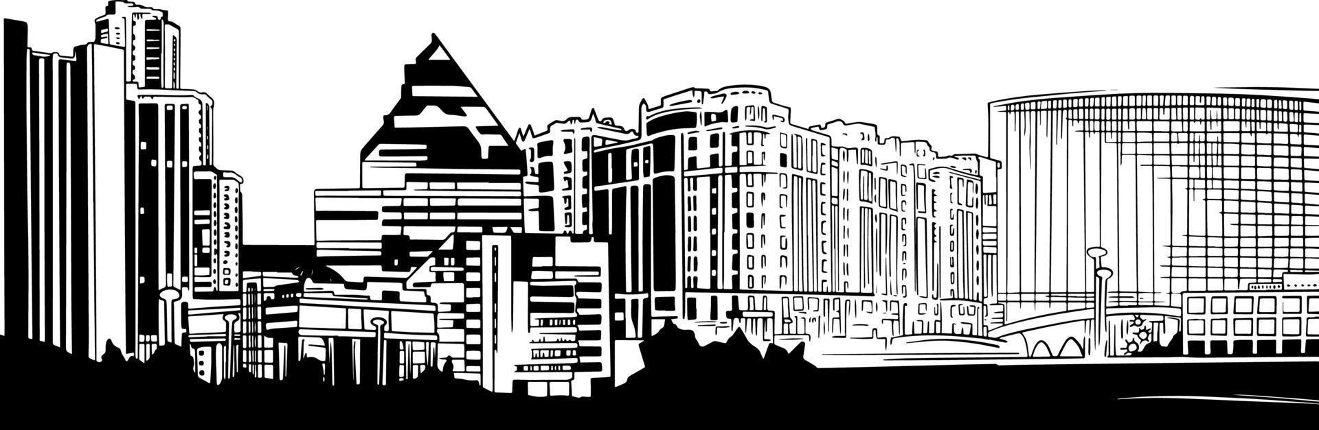 Jekaterinenburg schetsen horizon panorama hand- getrokken vector illustratie geïsoleerd Aan wit achtergrond stadsgezicht zwart en wit hand- getrokken schetsen