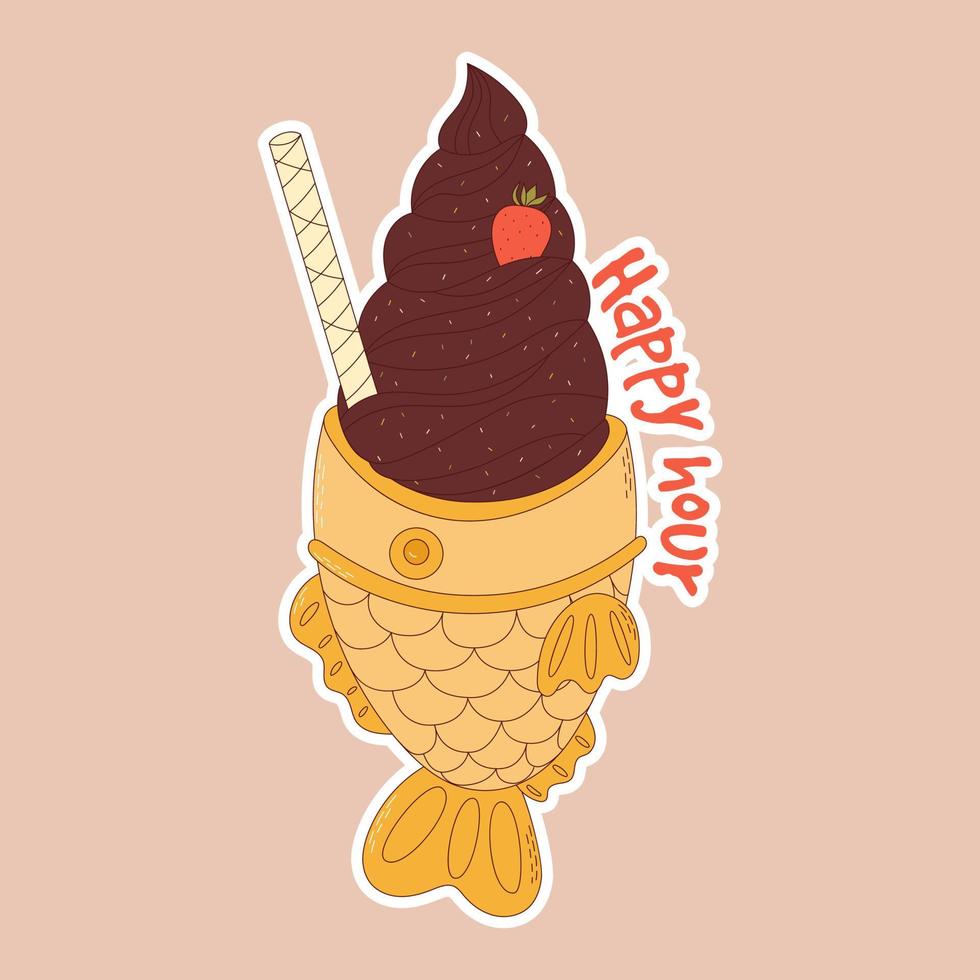 traditioneel Japans voedsel. Aziatisch taiyaki sticker. visvormig ijs room. vector illistration