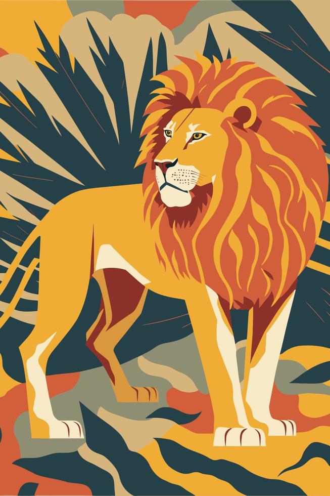 leeuw wild dier Aan blad achtergrond, vlak kleur vector illustratie poster
