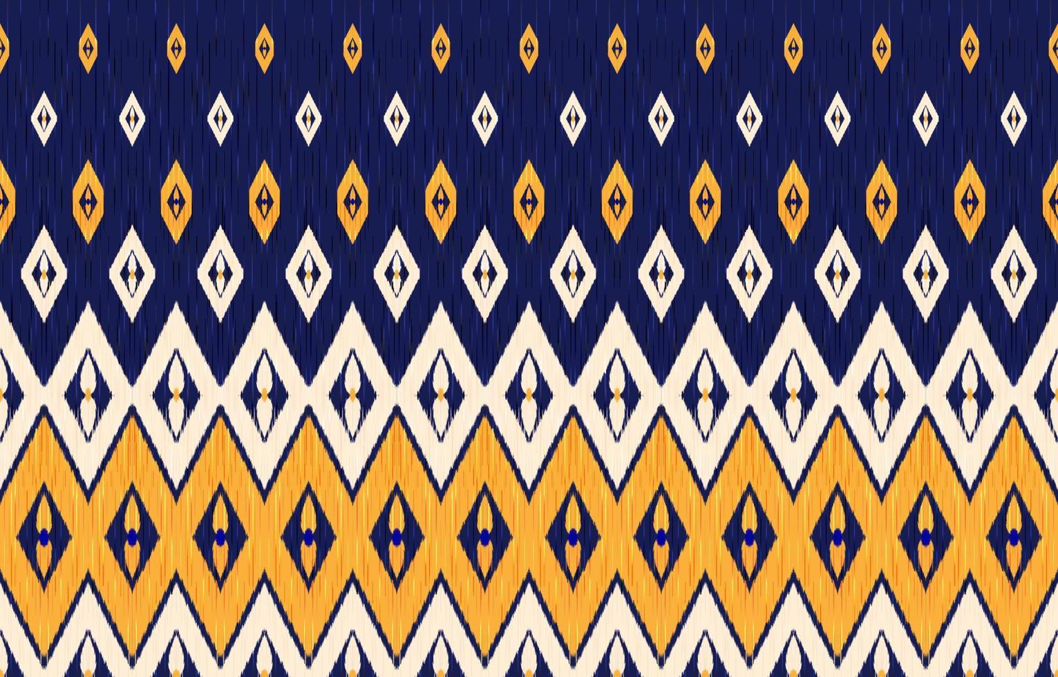 ikat etnisch patroon. donker blauw, oranje en geel kleuren. traditioneel kleding stof in tribal kalkoen Afrikaanse Indisch traditioneel. etnisch meetkundig kleding stof textiel vector illustratie borduurwerk stijl.