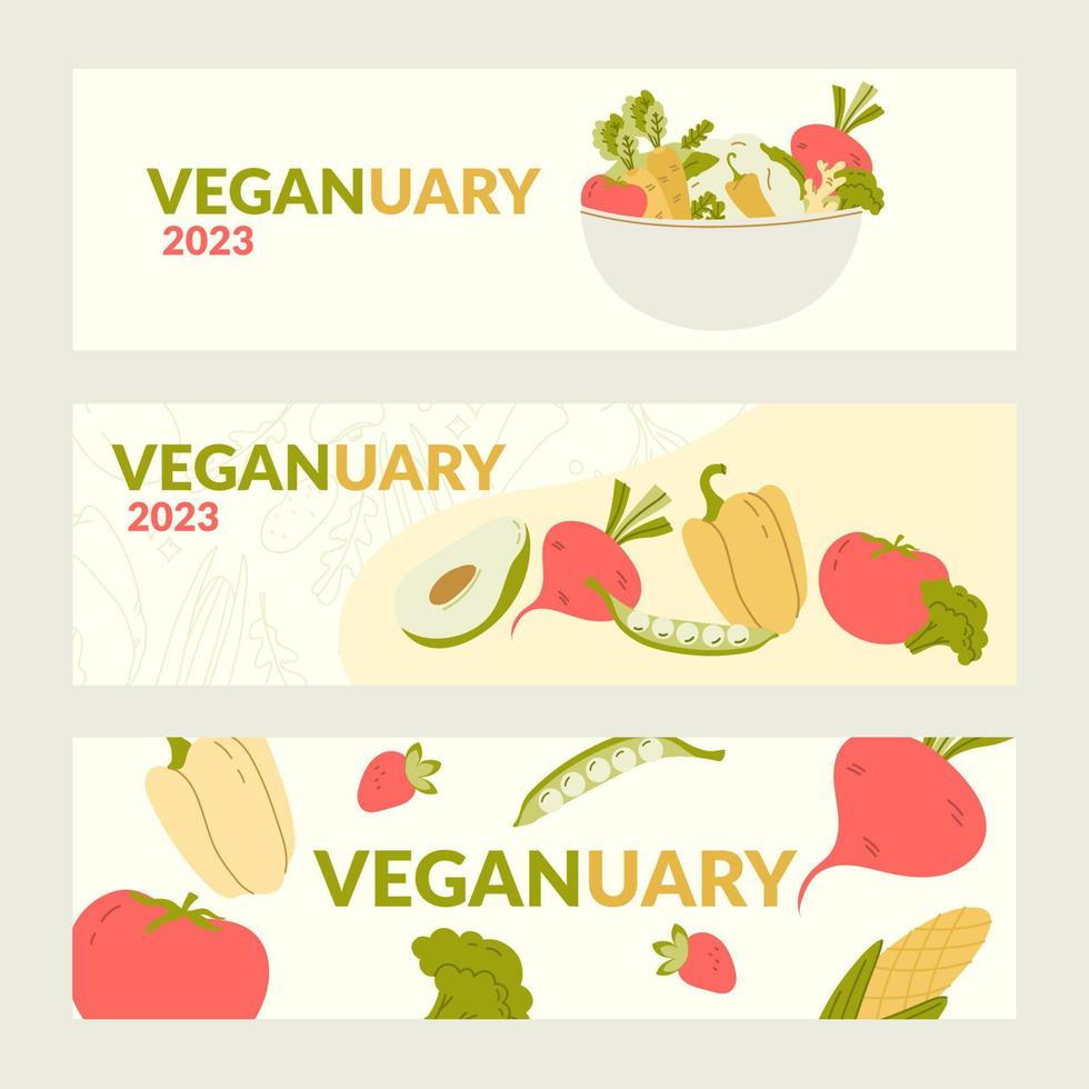 reeks van vector banners Aan de thema - veganist 2023. verminderen uw consumptie van dier producten. veranderen aan het eten gewoonten naar een veganistisch eetpatroon, veganistisch maand promotionele poster.