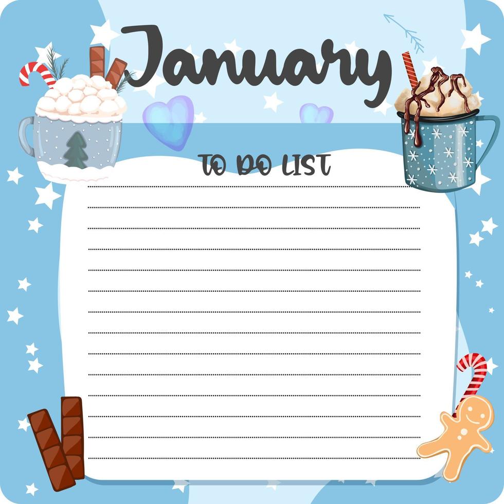 januari maandelijks planner, wekelijks planner, gewoonte tracker sjabloon en voorbeeld. sjabloon voor agenda, schema, planners, controle lijsten, kogel logboek, notitieboekje en andere briefpapier. Kerstmis cacao thema vector