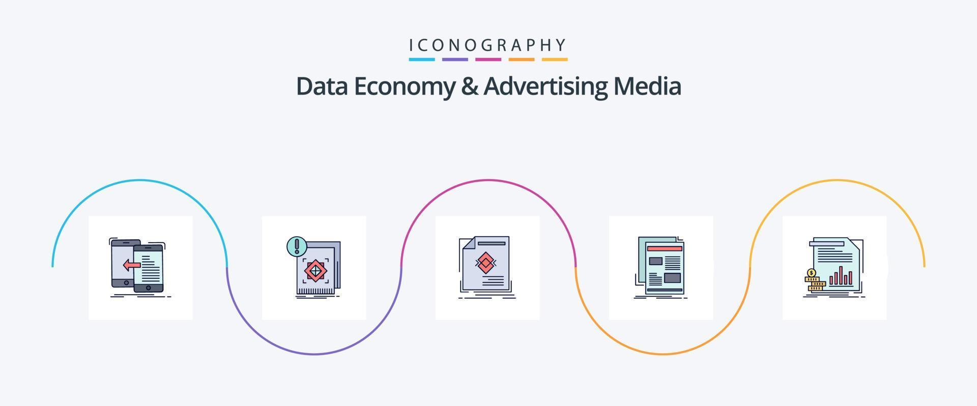 gegevens economie en reclame media lijn gevulde vlak 5 icoon pak inclusief krant. nieuws. informatie. bladzijde. brochure vector