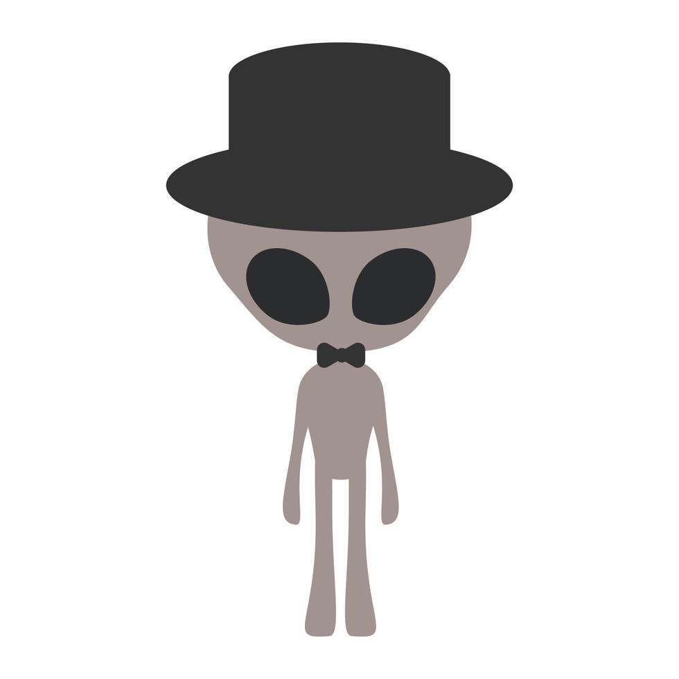 tekenfilm schattig grappig grijs buitenaards wezen karakter met staand houding, vervelend fedora, top hoed. geïsoleerd Aan wit achtergrond, vlak ontwerp, vector, illustratie, eps10 vector