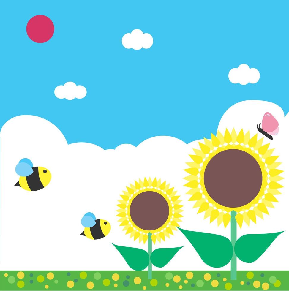 tekenfilm schattig zomer landschap met bij, vlinder en zonnebloem. zonlicht, blauw lucht achtergrond, platteland, bewolkt het weer. backdrop wonderland banier in zomer seizoen. vector, illustratie, eps10 vector