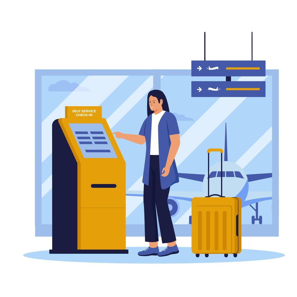 vrouw zelf controleren in Bij automatisch machine in luchthaven terminal. illustratie voor website, landen bladzijde, mobiel app, poster en spandoek. modieus vlak vector illustratie