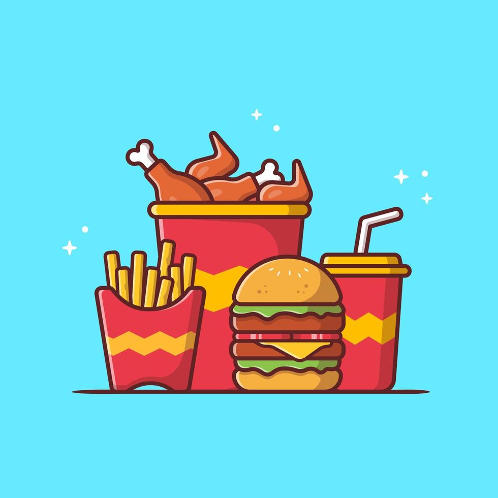 hamburger met gebakken kip, Frans Patat en Frisdrank tekenfilm vector icoon illustratie. snel voedsel icoon concept geïsoleerd premie vector. vlak tekenfilm stijl