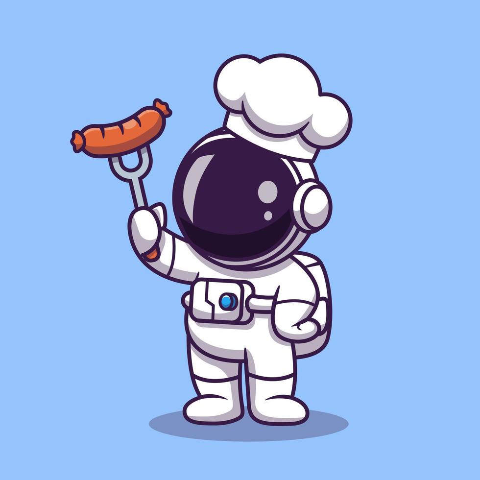 schattig astronaut chef met rooster worst tekenfilm vector icoon illustratie. wetenschap voedsel icoon concept geïsoleerd premie vector. vlak tekenfilm stijl