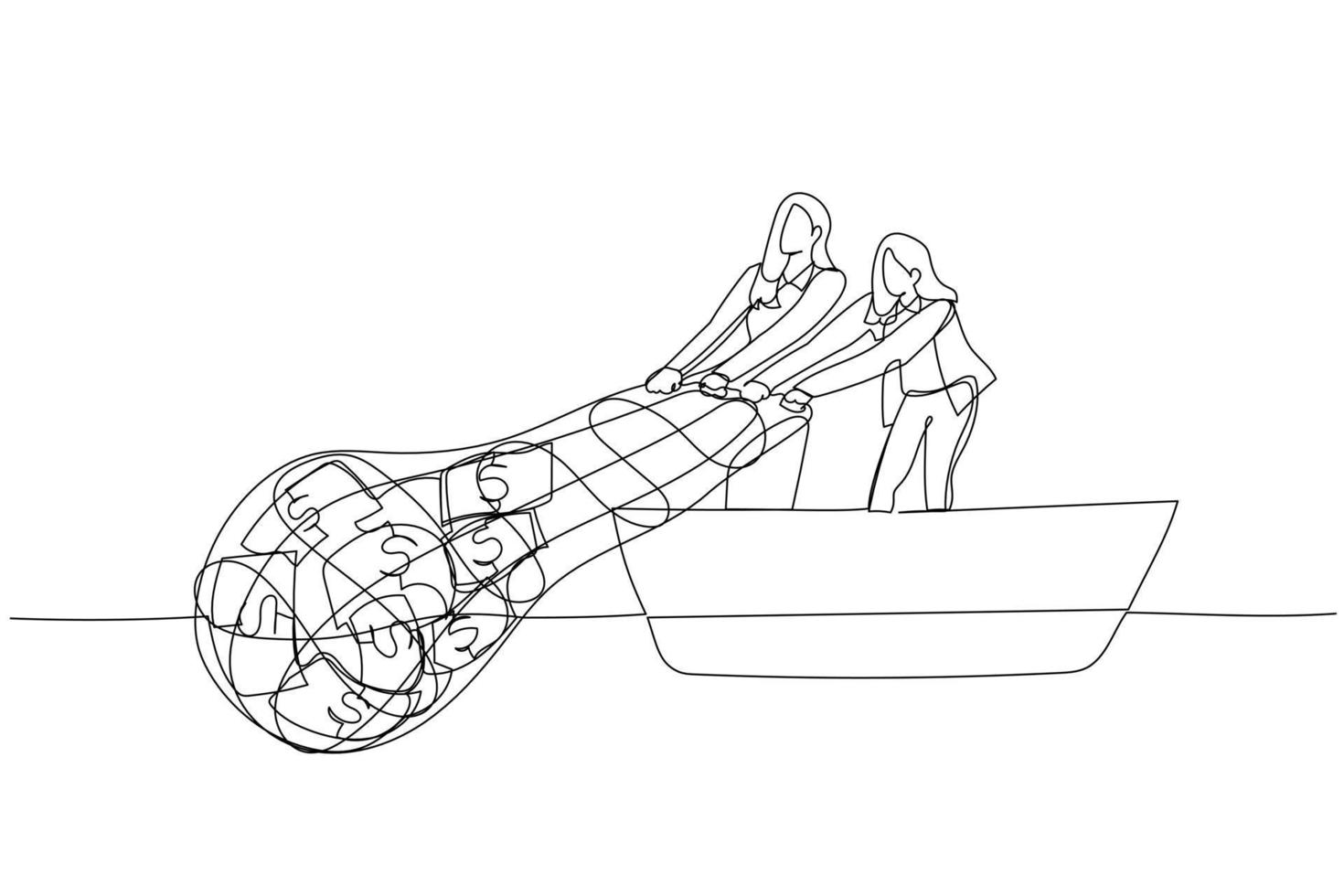 tekening van zakenvrouw proberen naar krijgen geld met netto concept van financieel winst. single doorlopend lijn kunst stijl vector