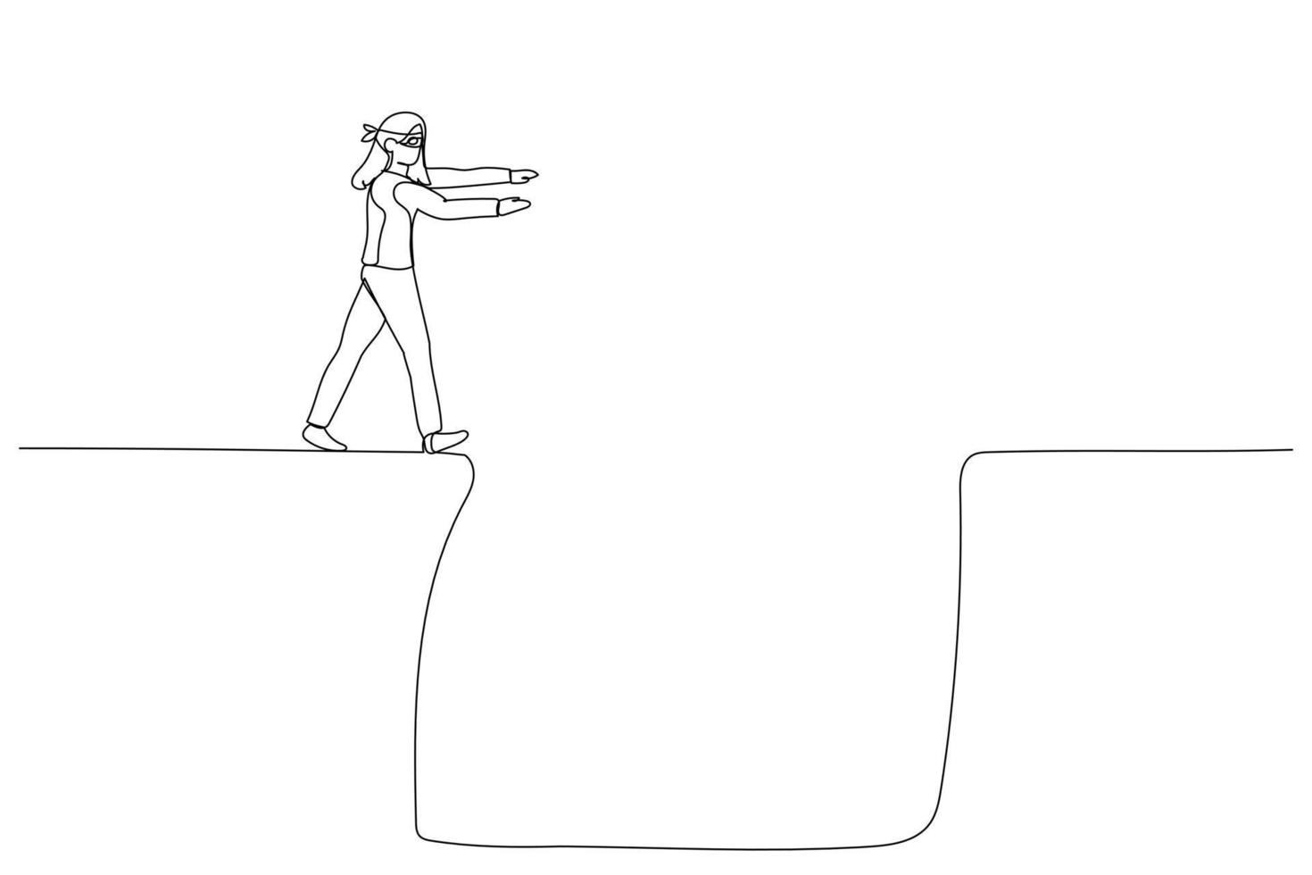 illustratie van geblinddoekt bedrijf vrouw wandelen in diep gat concept van onzekerheid in bedrijf. single doorlopend lijn kunst stijl vector