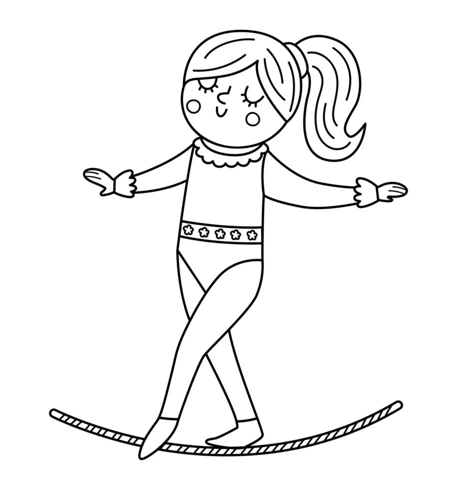 vector zwart en wit gymnast meisje met touw. schattig grappig acrobaat. circus of sport artiest clip art. amusement vakantie lijn icoon. festival karakter. strakke koord wandelaar kleur bladzijde