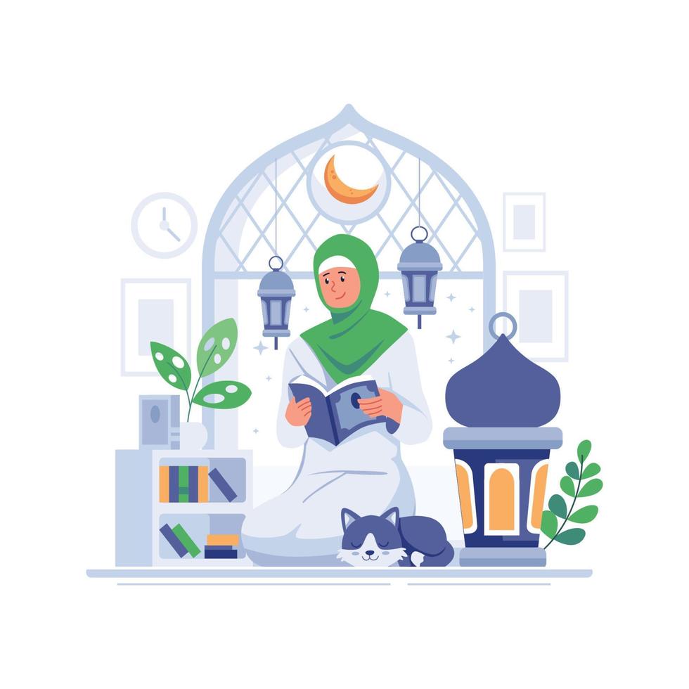 Ramadan kareem illustratie, levensstijl van moslim mensen in tekenfilm karakter stijl, vlak illustratie grafisch ontwerp vector