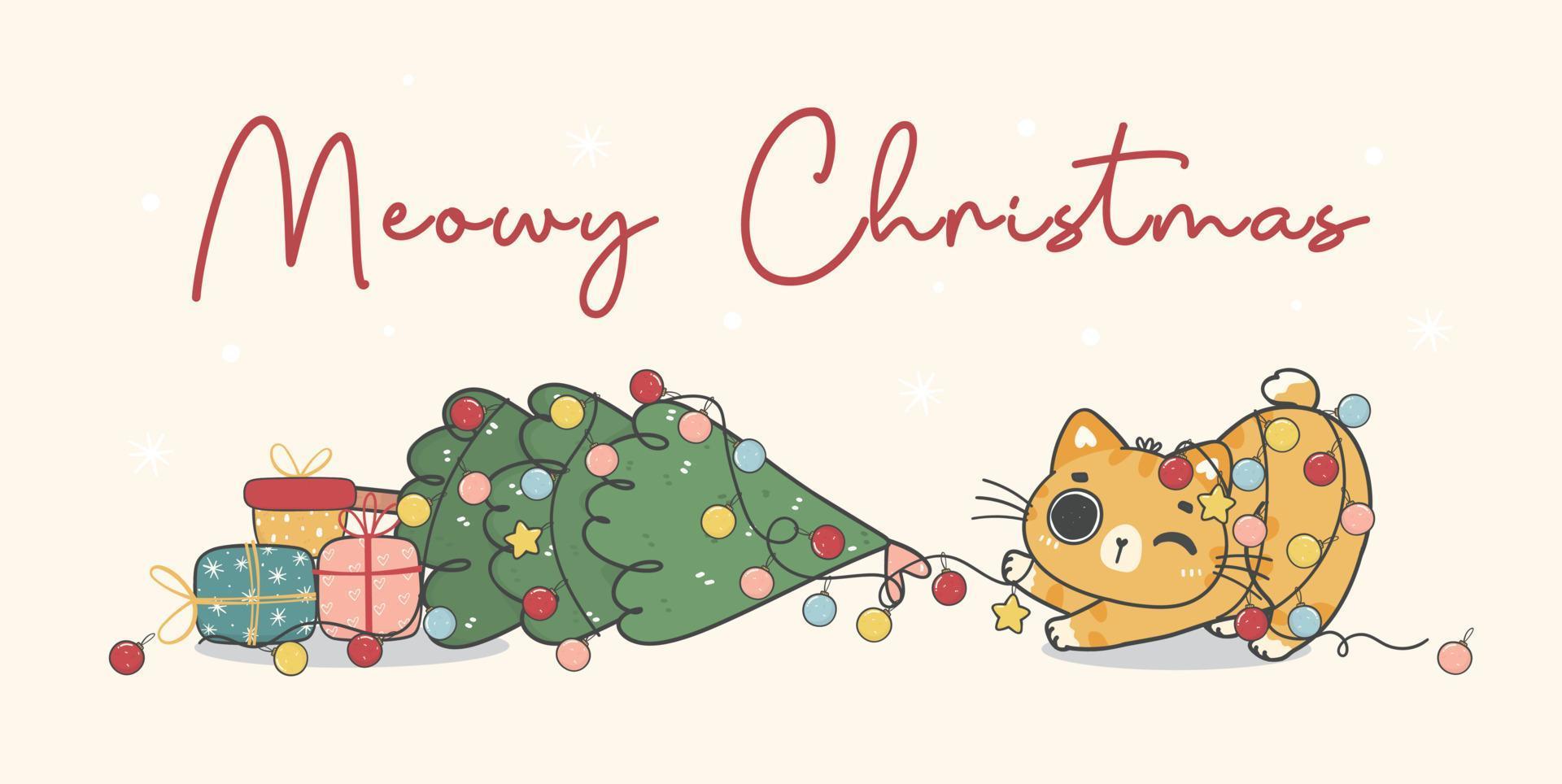 schattig ondeugend oranje gember katje kat vernietigen een Kerstmis versierd pijnboom boom, vrolijk katten, tekenfilm dier karakter hand- tekening tekening vector idee voor groet kaart