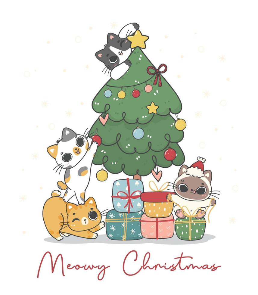 groep van schattig verscheidenheid van katje kat rassen decoreren een Kerstmis pijnboom boom, vrolijk katten, tekenfilm dier karakter hand- tekening tekening vector idee voor groet kaart